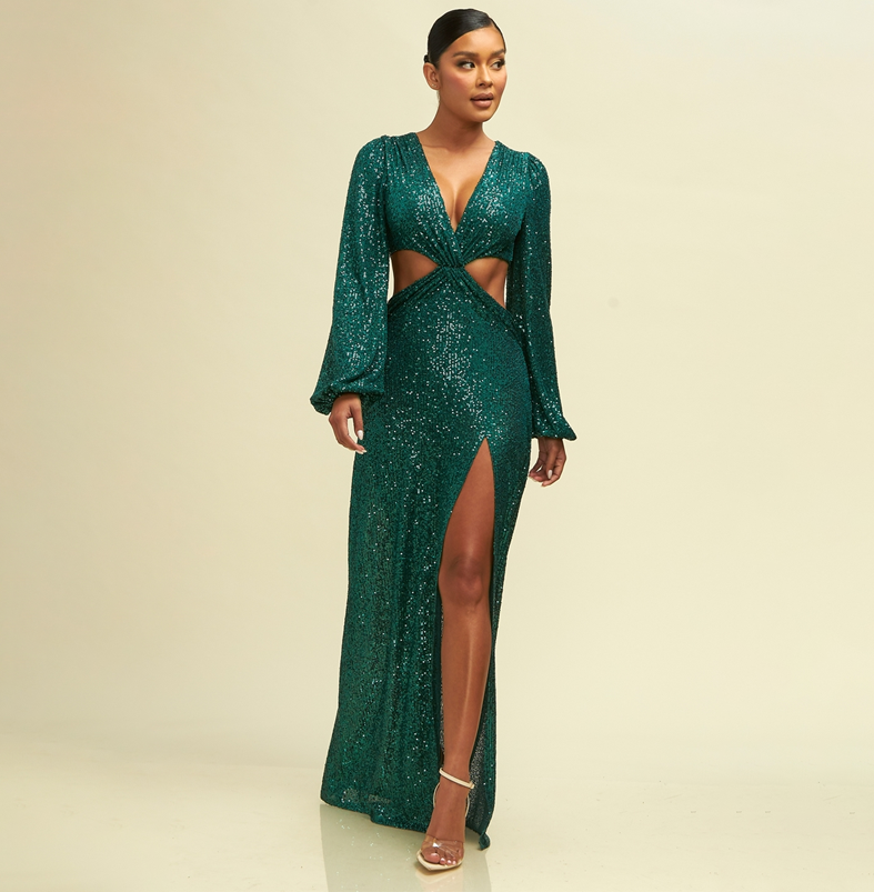 Elegant Emerald Sequence V-Neck Cut-Out Open Back Maxi Dress with Long Sleeve
