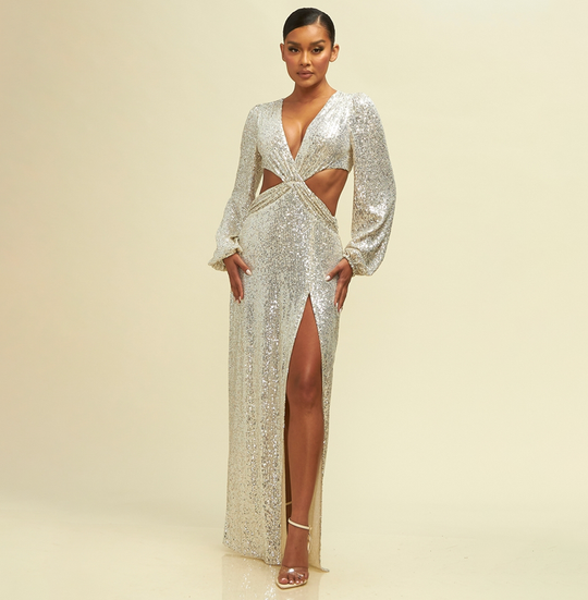 Elegant Nude Silver Sequence V-Neck Cut-Out Open Back Maxi Dress with Long Sleeve