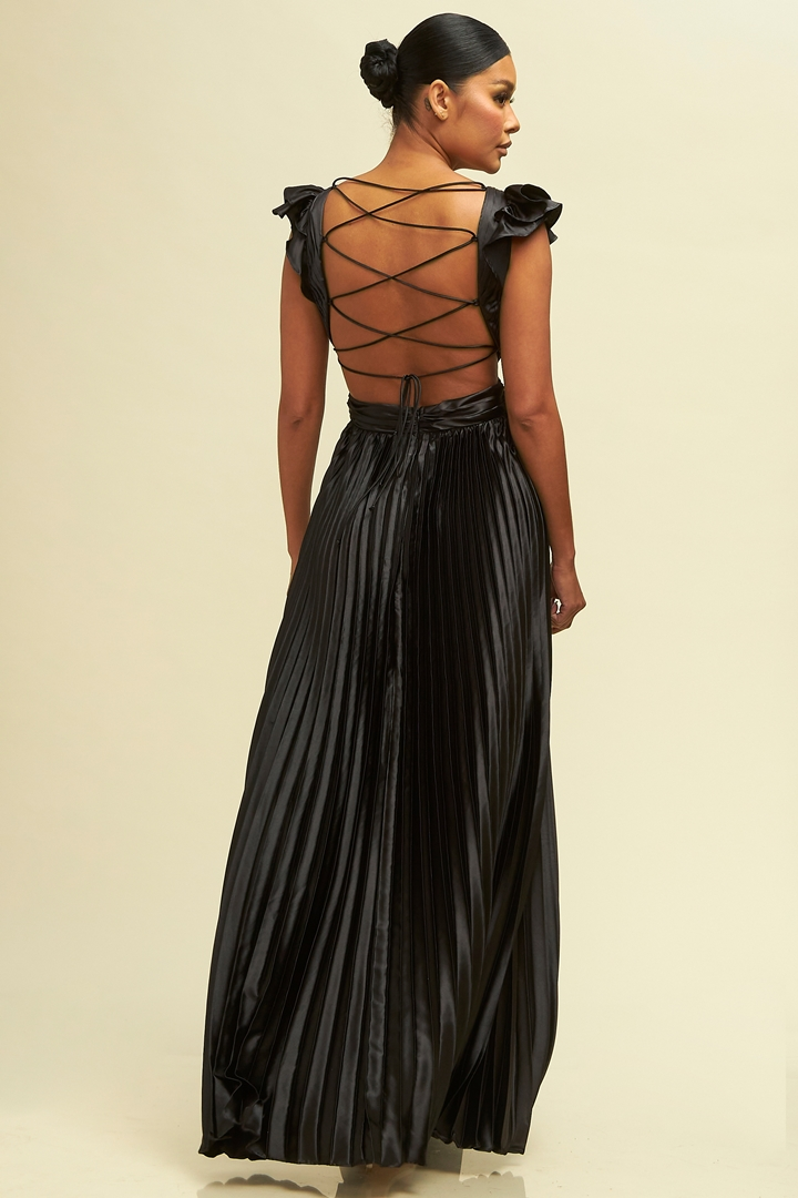 Elegant Black Pleated Band Detailed V-Neck Ruffle Back Tie-Up Satin Maxi Dress