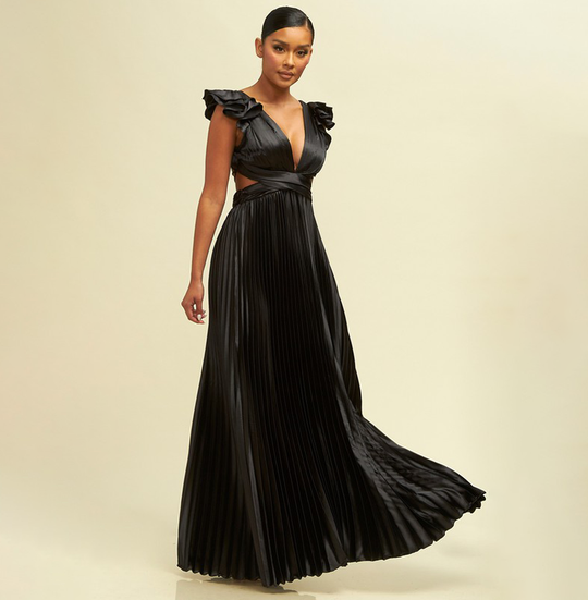 Elegant Black Pleated Band Detailed V-Neck Ruffle Back Tie-Up Satin Maxi Dress