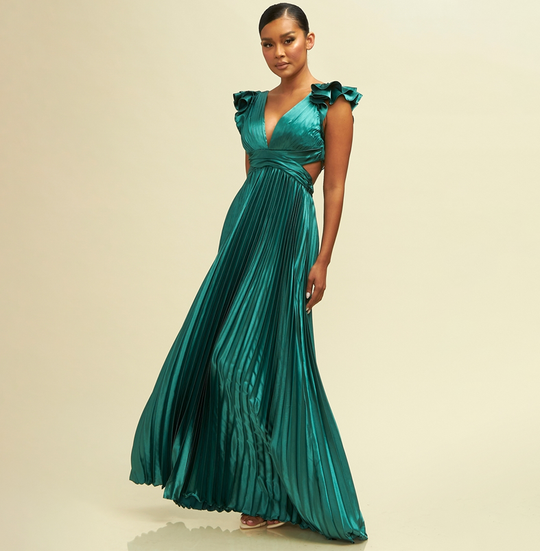 Elegant Hunter Green Pleated Band Detailed V-Neck Ruffle Back Tie-Up Satin Maxi Dress