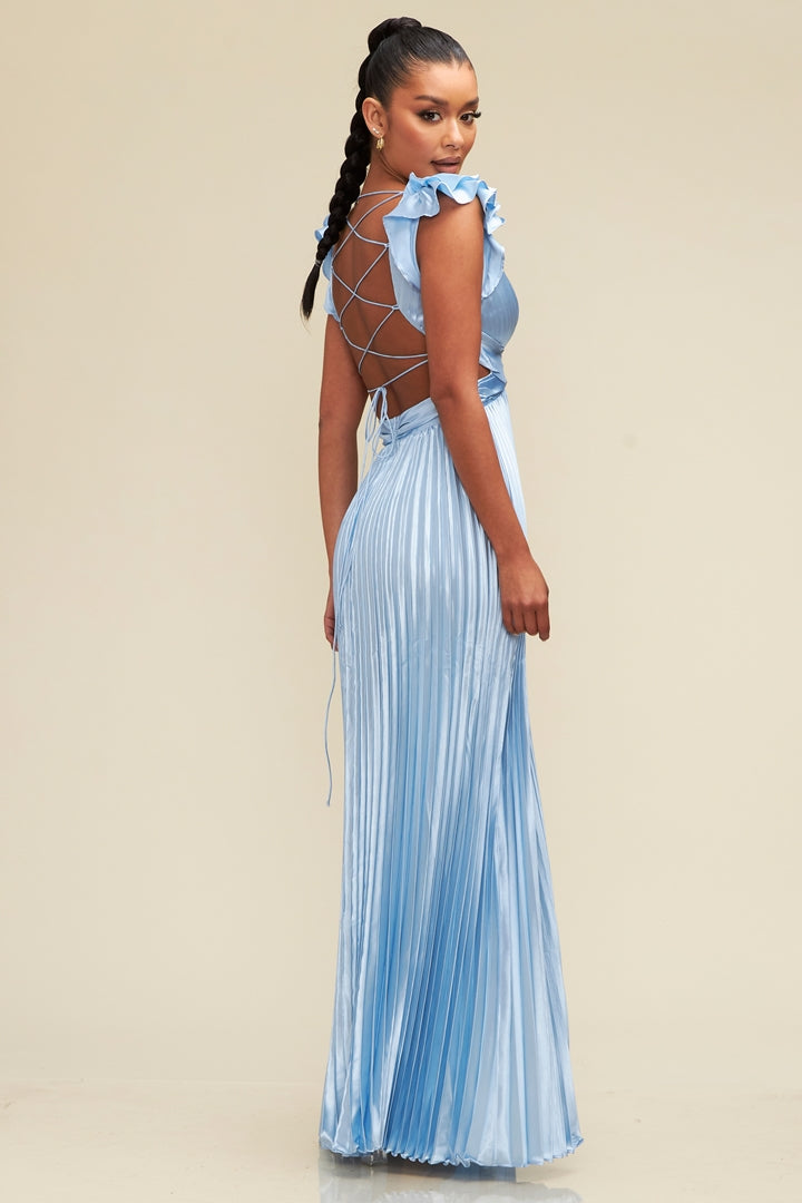Elegant Light Blue Pleated Band Detailed V-Neck Ruffle Back Tie-Up Satin Maxi Dress L / Light Blue Elegant Light Blue Pleated Band Detailed V-Neck Ruffle Back Tie-Up Satin Maxi Dress L / Light Blue