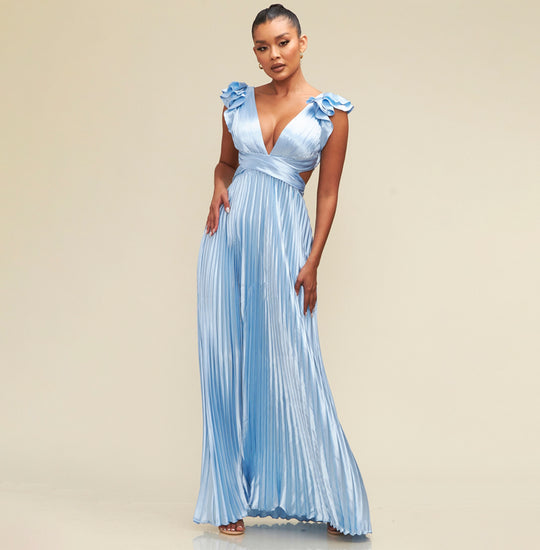 Elegant Light Blue Pleated Band Detailed V-Neck Ruffle Back Tie-Up Satin Maxi Dress