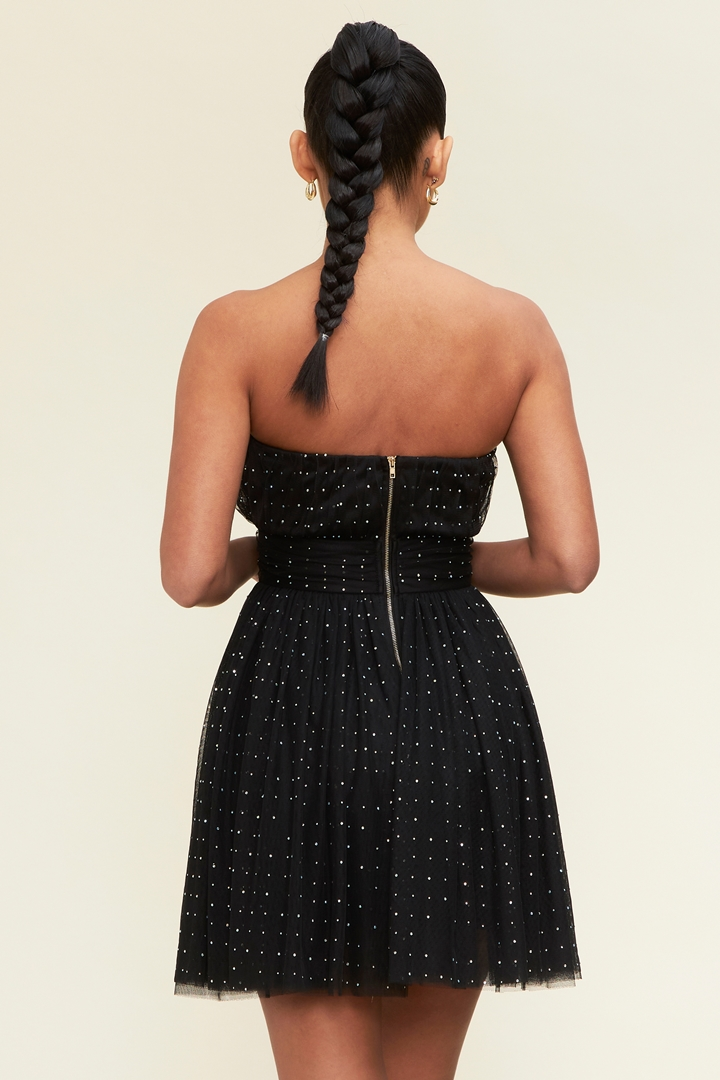 Elegant Strapless Black Crystal Detailed Ruffle Dress
