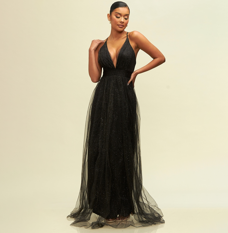 Elegant Black Gold Glitter Detailed Strap Deep V-Neck Maxi Dress