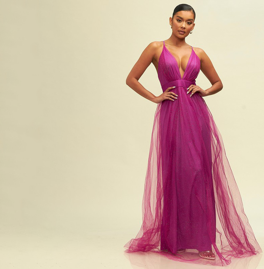 Elegant Magenta Gold Glitter Detailed Strap Deep V-Neck Maxi Dress