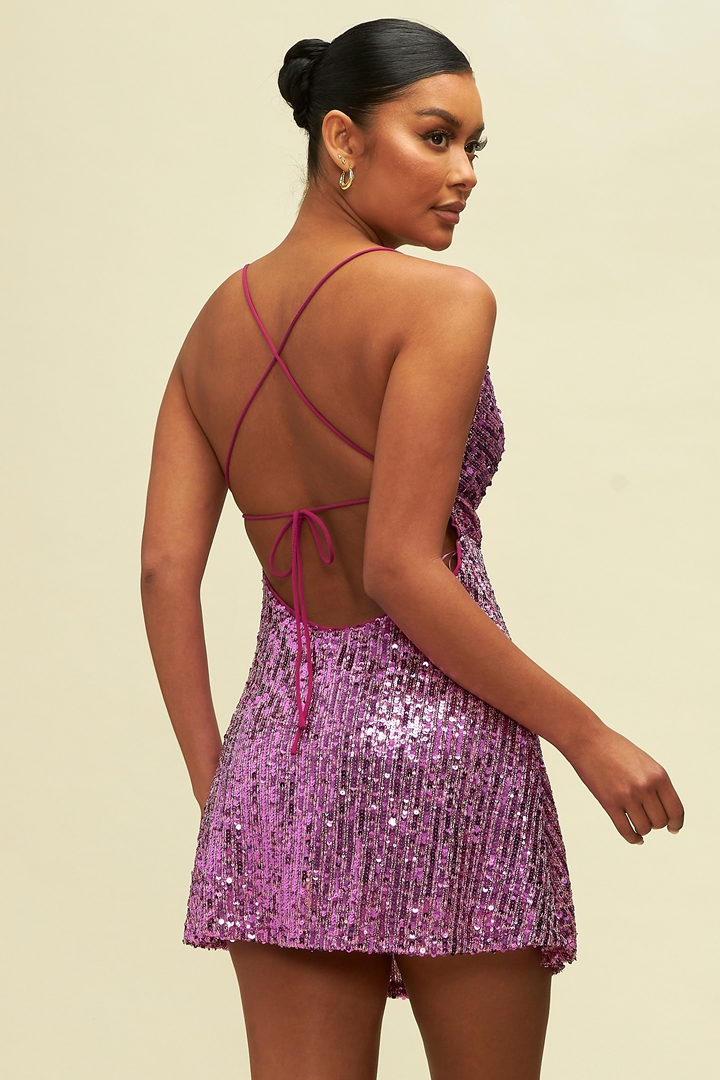 Elegant Strap V-Neck Purple Neon Sequence Open Back Tie-Up Mini Dress