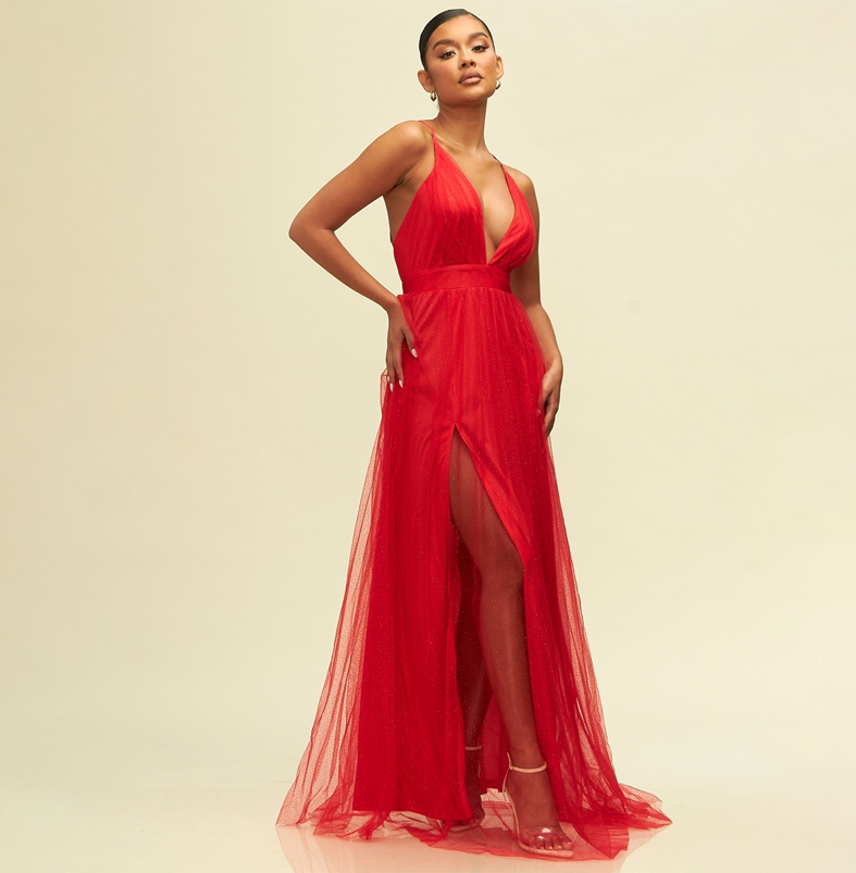 Elegant Red Crystal Glitter Detailed Strap Deep V-Neck Maxi Dress