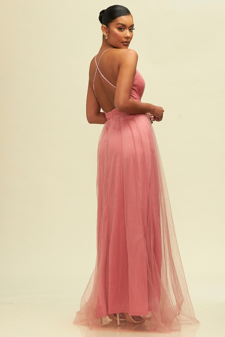 Elegant Rose Crystal Glitter Detailed Strap Deep V-Neck Maxi Dress