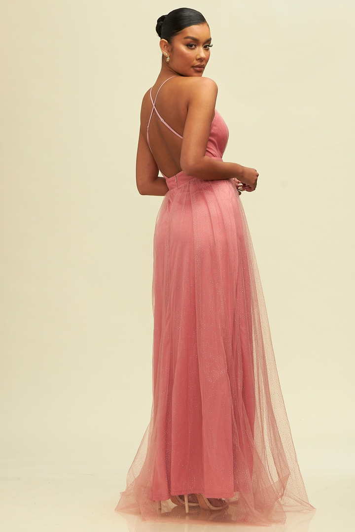 Elegant Rose Crystal Glitter Detailed Strap Deep V-Neck Maxi Dress EDITE MODE Elegant Rose Crystal Glitter Detailed Strap Deep V-Neck Maxi Dress EDITE MODE