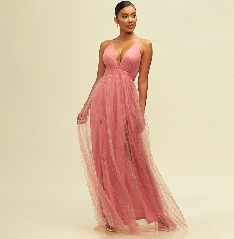Elegant Rose Crystal Glitter Detailed Strap Deep V-Neck Maxi Dress