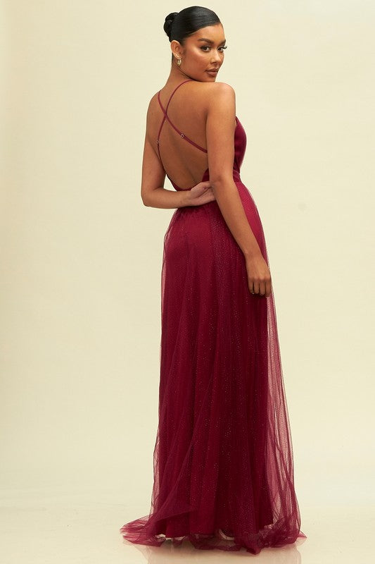 Elegant Wine Crystal Glitter Detailed Strap Deep V-Neck Maxi Dress EDITE MODE Elegant Wine Crystal Glitter Detailed Strap Deep V-Neck Maxi Dress EDITE MODE