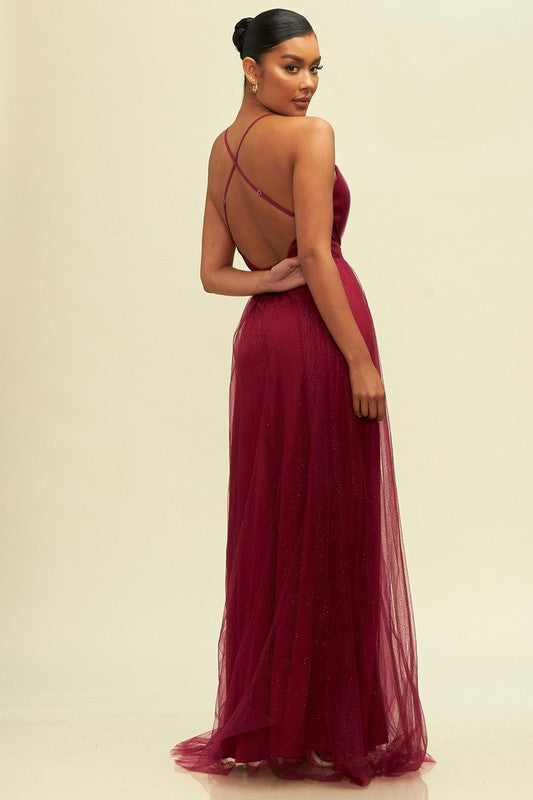 Elegant Wine Crystal Glitter Detailed Strap Deep V-Neck Maxi Dress