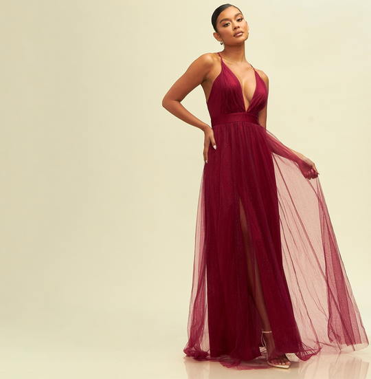 Elegant Wine Crystal Glitter Detailed Strap Deep V-Neck Maxi Dress