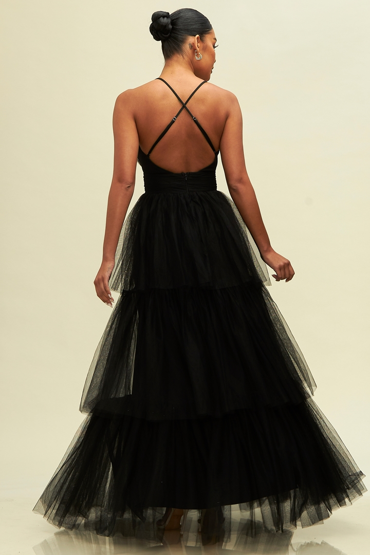 Elegant Black Strap Deep V-Neck Layered Ruffle Maxi Dress