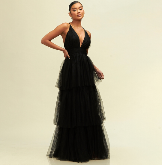 Elegant Black Strap Deep V-Neck Layered Ruffle Maxi Dress