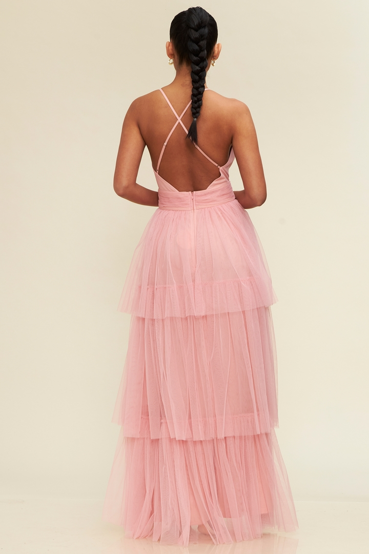 Elegant Blush Strap Deep V-Neck Layered Ruffle Maxi Dress