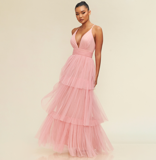 Elegant Blush Strap Deep V-Neck Layered Ruffle Maxi Dress