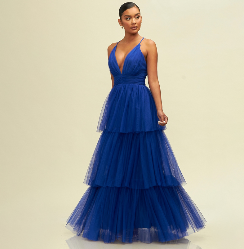 Elegant Royal Blue Strap Deep V-Neck Layered Ruffle Maxi Dress – EDITE MODE
