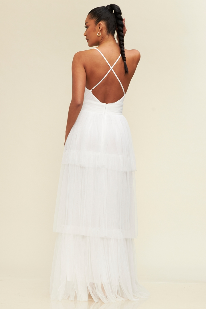 Elegant White Strap Deep V-Neck Layered Ruffle Maxi Dress