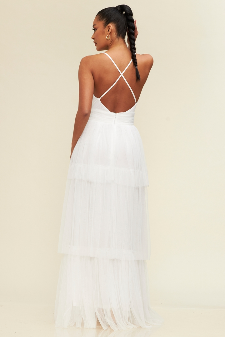 Elegant White Strap Deep V-Neck Layered Ruffle Maxi Dress EDITE MODE Elegant White Strap Deep V-Neck Layered Ruffle Maxi Dress EDITE MODE