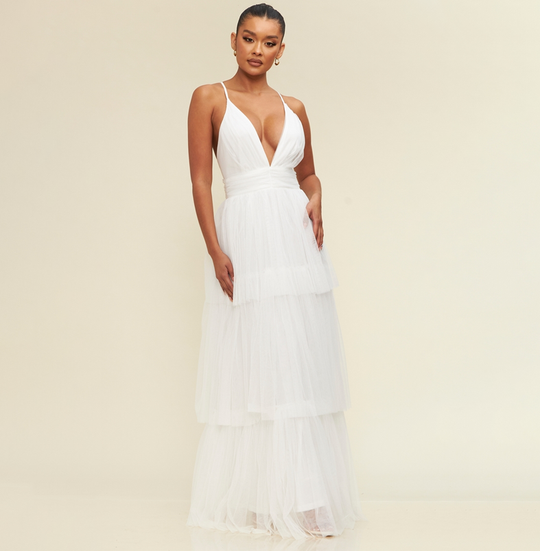 Elegant White Strap Deep V-Neck Layered Ruffle Maxi Dress