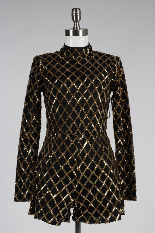 Elegant Gold Checkered Sequence Black Romper