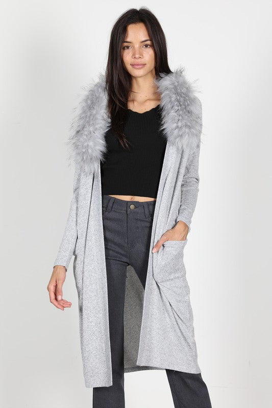 Elegant Light Grey Faux Fur Cardigan