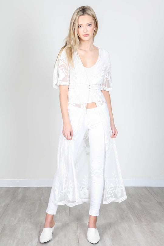 Fashion White Floral Lace Long Cardigan