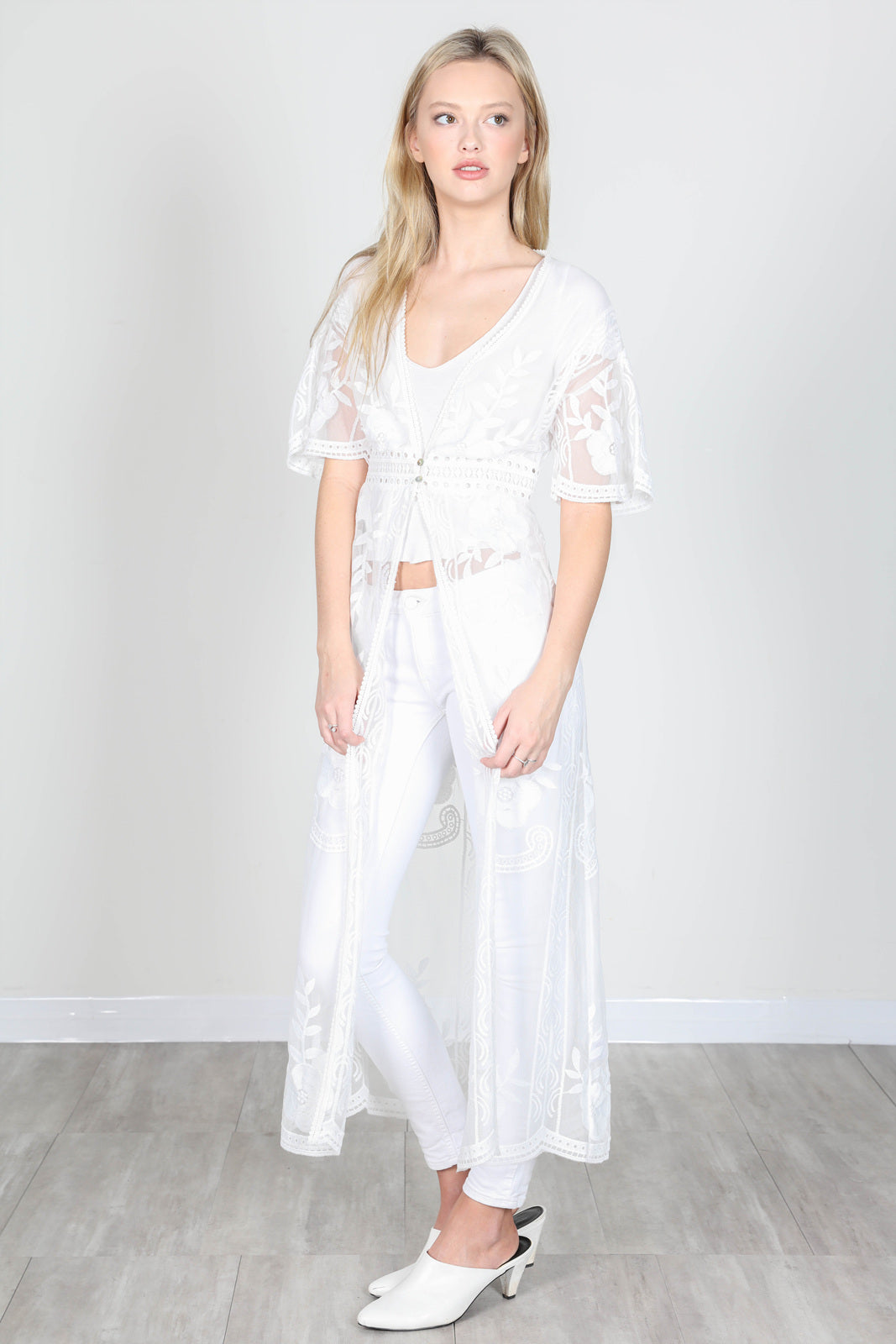 Fashion White Floral Lace Long Cardigan