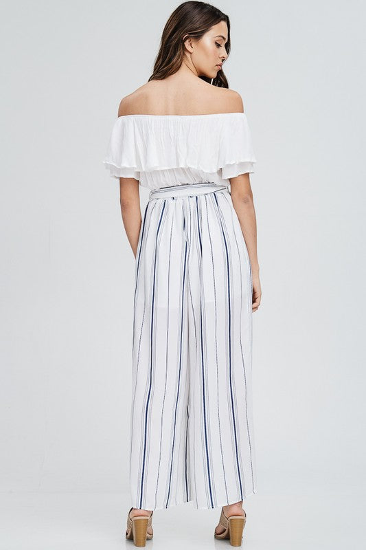 Fashion Off Shoulder Ruffle White Navy Contrast Tie-Up Jumpsuit