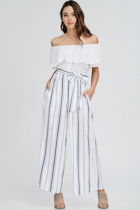 Fashion Off Shoulder Ruffle White Navy Contrast Tie-Up Jumpsuit