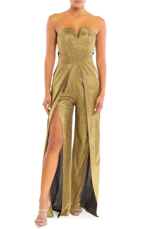 Elegant Strapless Cut Out Gold Glitter Jumpsuit