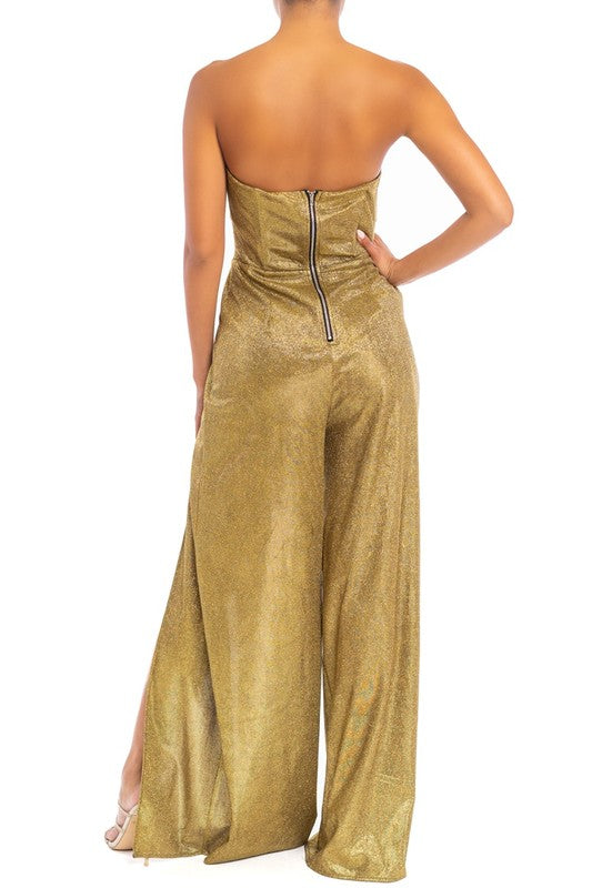 Elegant Strapless Cut Out Gold Glitter Jumpsuit