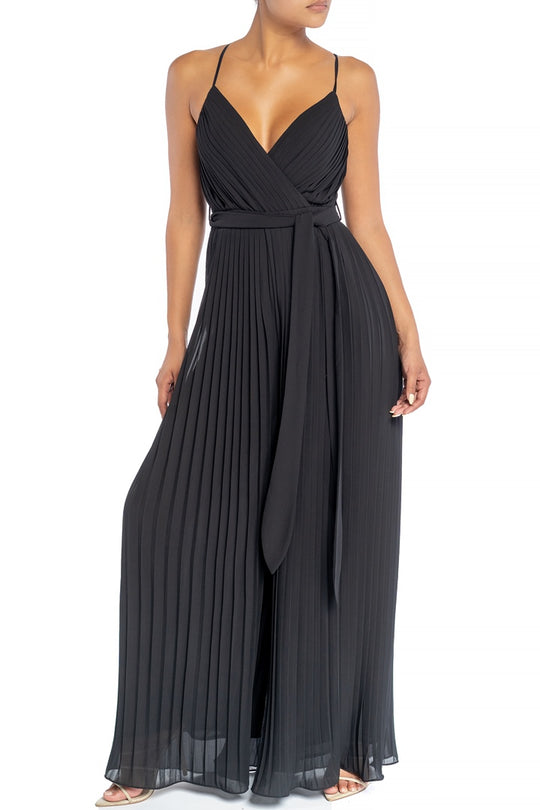 Elegant Strap Pleated Palazzo Tie-Up Black Jumpsuit