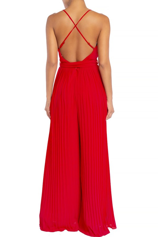 Elegant Strap Pleated Palazzo Tie-Up Red Jumpsuit