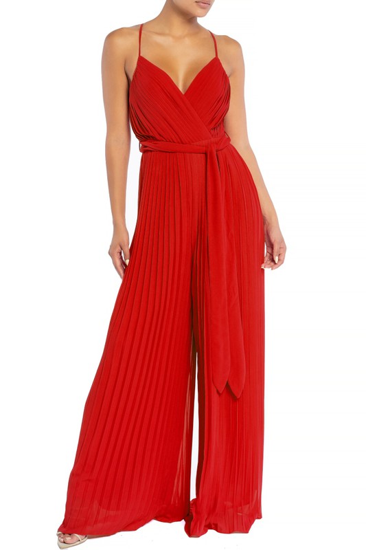 Elegant Strap Pleated Palazzo Tie-Up Red Jumpsuit