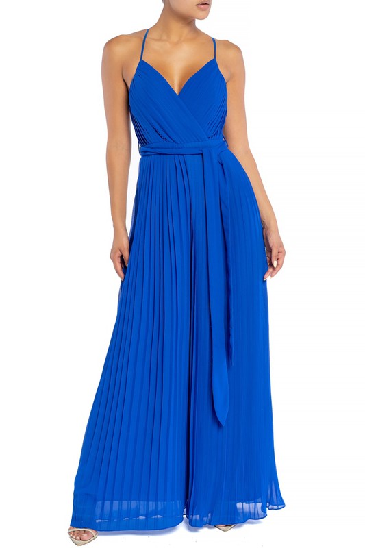 Elegant Strap Pleated Palazzo Tie-Up Royal Blue Jumpsuit