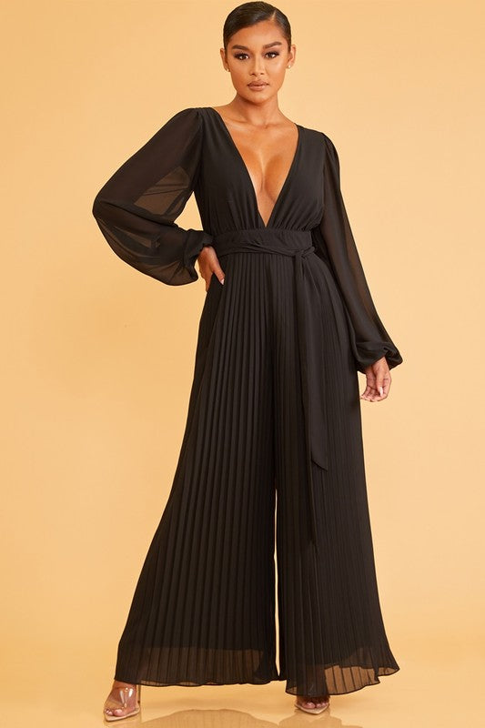 Elegant Black Deep V-Neck Pleated Palazzo Tie-Up Jumpsuit with Long Sleeve