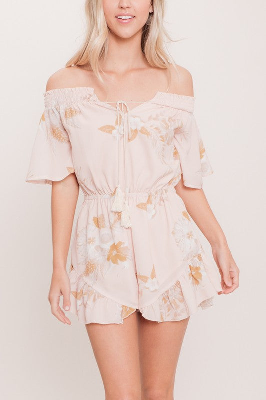 Fashion Off Shoulder Beige Floral Print Ruffle Romper