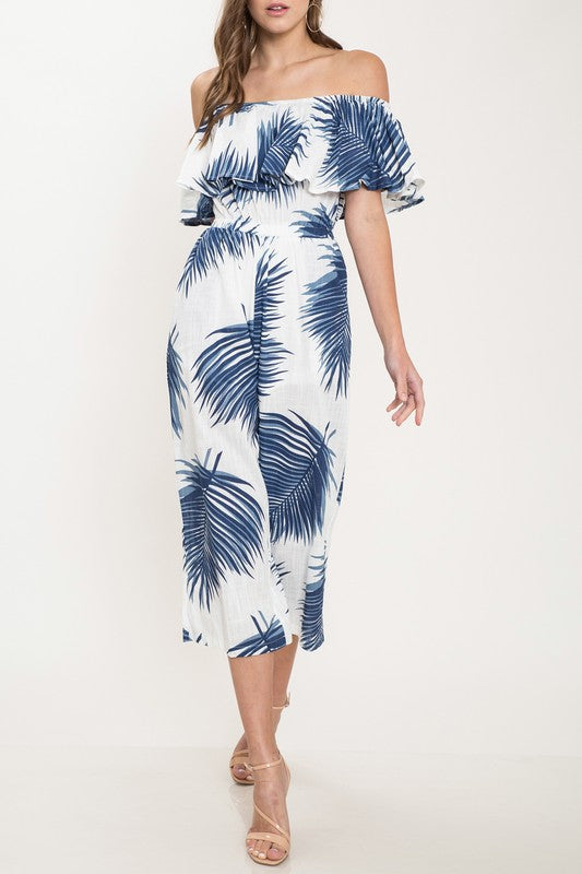 Fashion Blue Tropical Print Off Shoulder Jumpsuit