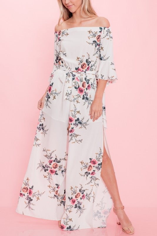 Elegant Floral Print Off Shoulder Jumpsuit with Bell Sleeve