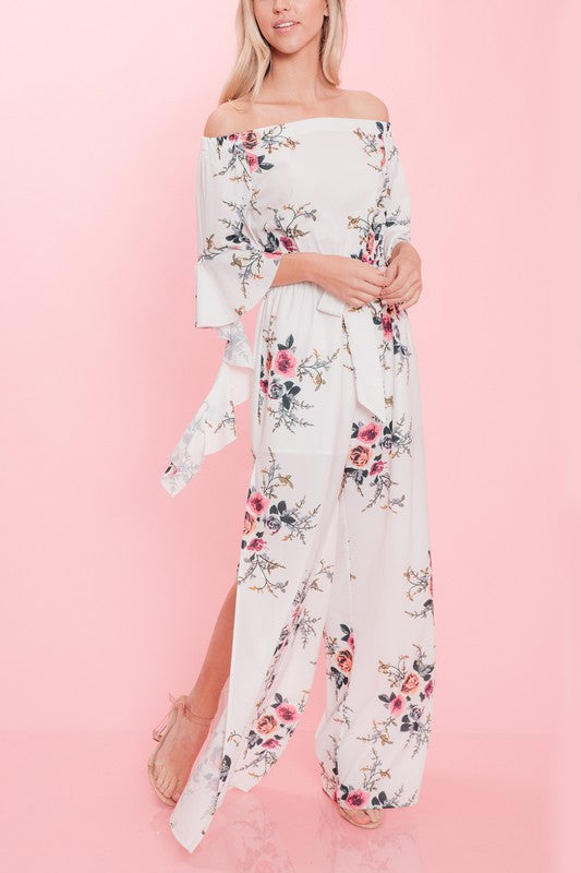 Elegant Floral Print Off Shoulder Jumpsuit with Bell Sleeve