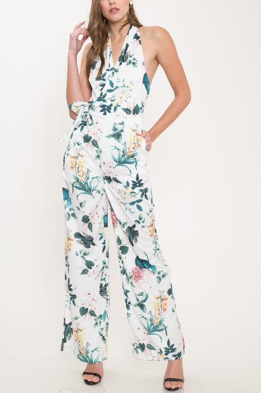 Elegant Leaf Print Halter Tie-Up Jumpsuit