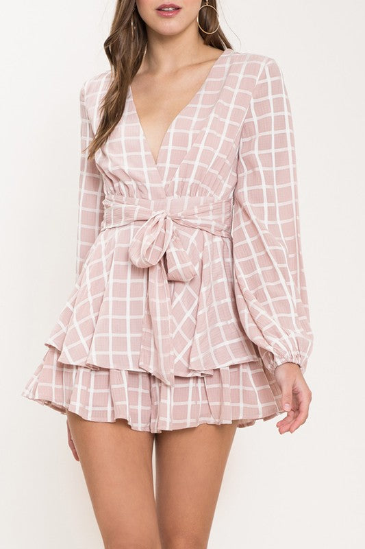 Fashion Ruffle Pink Checkered Romper with Long Sleeve