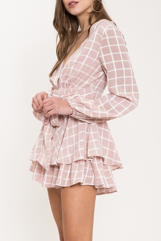 Fashion Ruffle Pink Checkered Romper with Long Sleeve