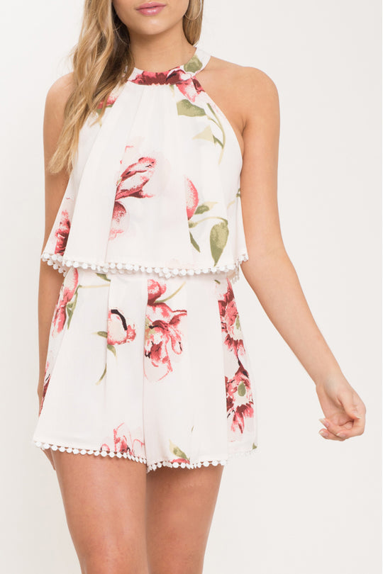 Fashion Ivory Floral Print Halter Romper