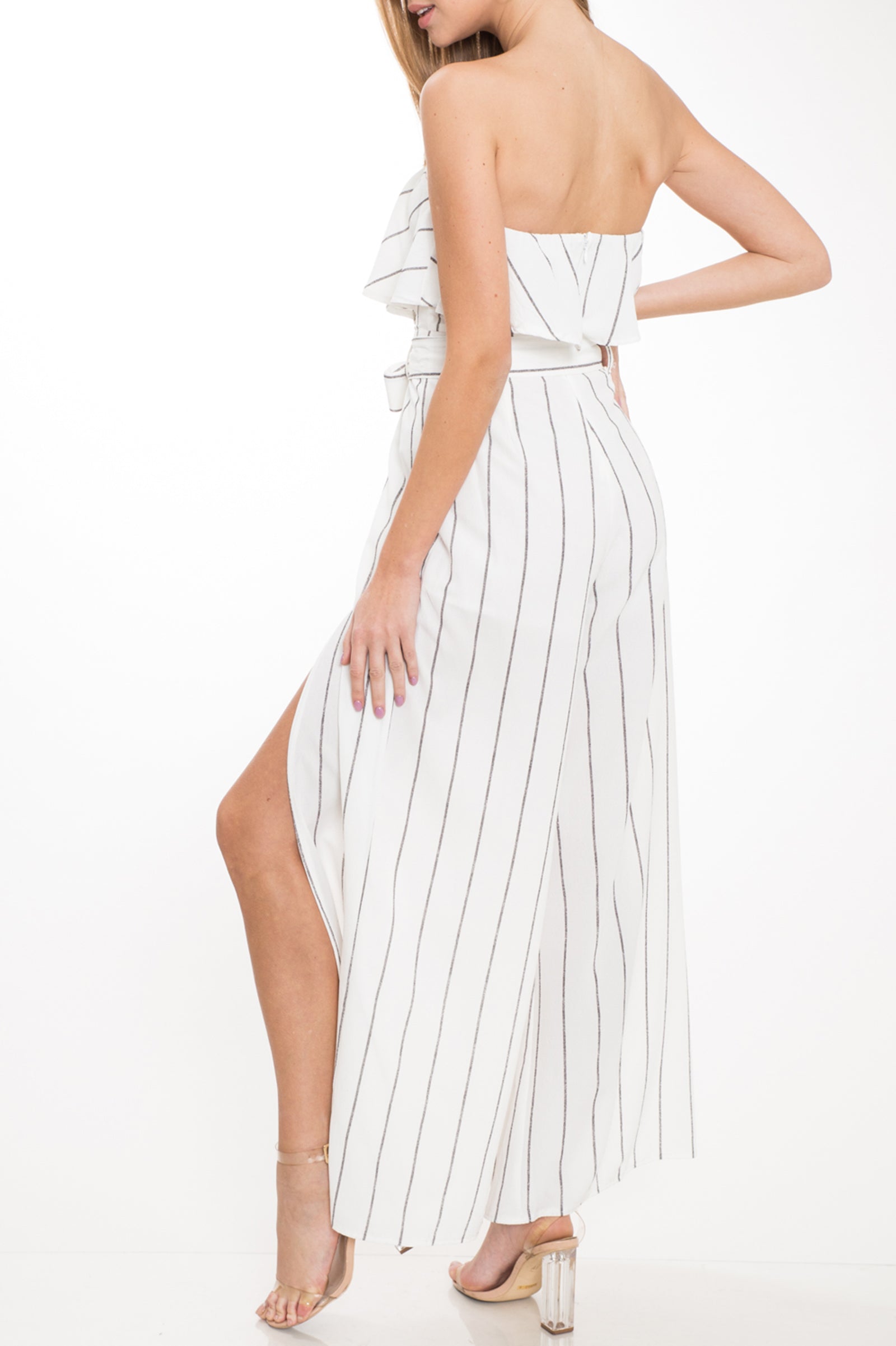 Fashion Strapless Ruffle White Contrast Cut Out Jumpsuit