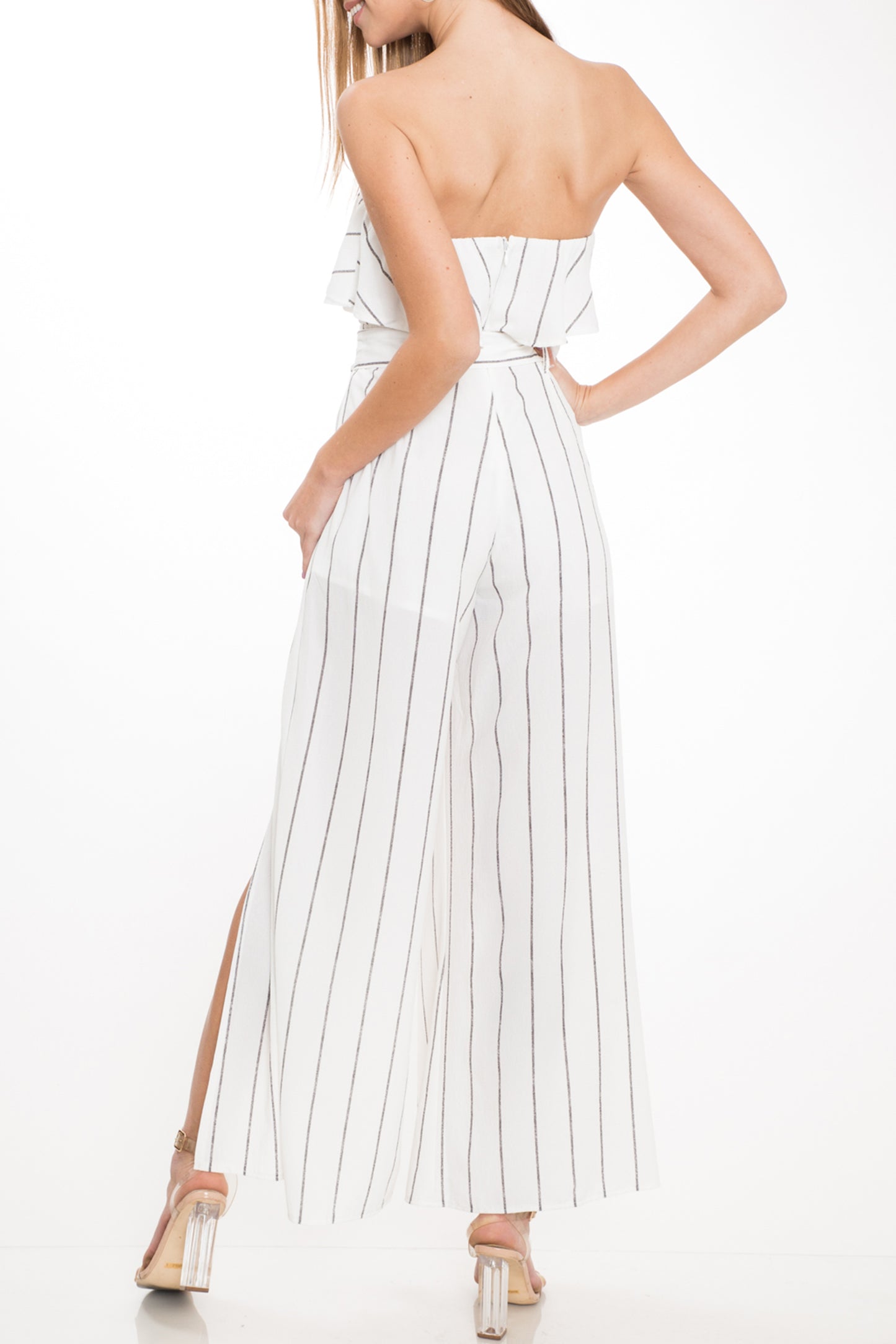 Fashion Strapless Ruffle White Contrast Cut Out Jumpsuit