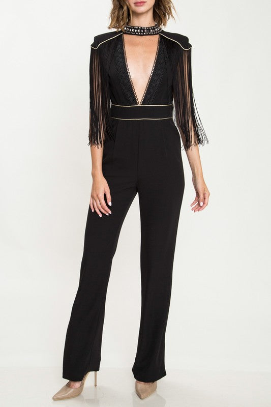 Elegant Cocktail Tassel Gold Shoulder Trim Deep V-Neck Black Jumpsuit